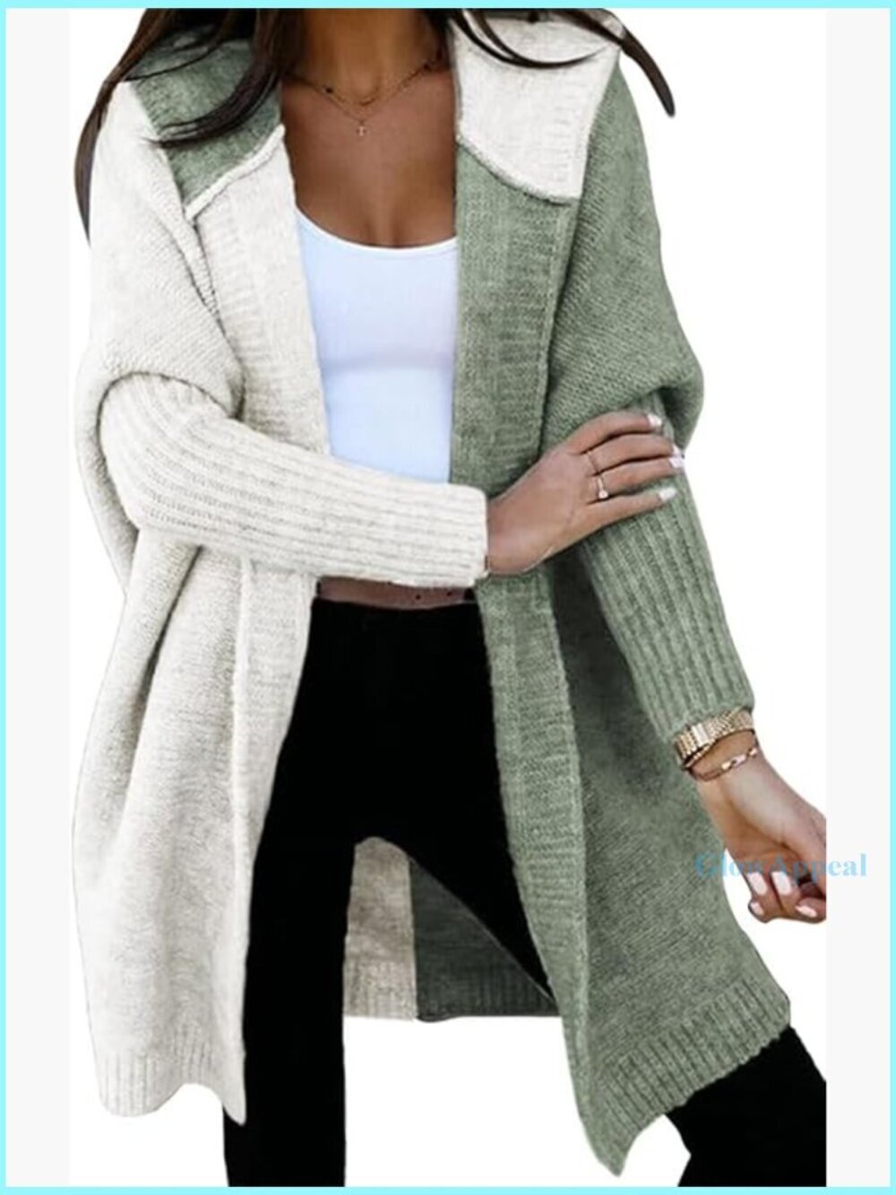 Long Sleeve Hooded Cardigan Sweater, Open Front Knit, Color Block Design